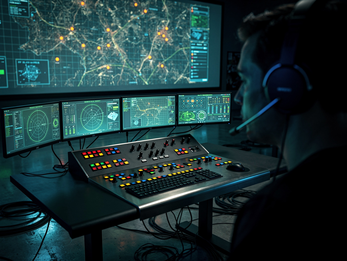 Operator analyzing multi-screen system dashboards and live pipelines